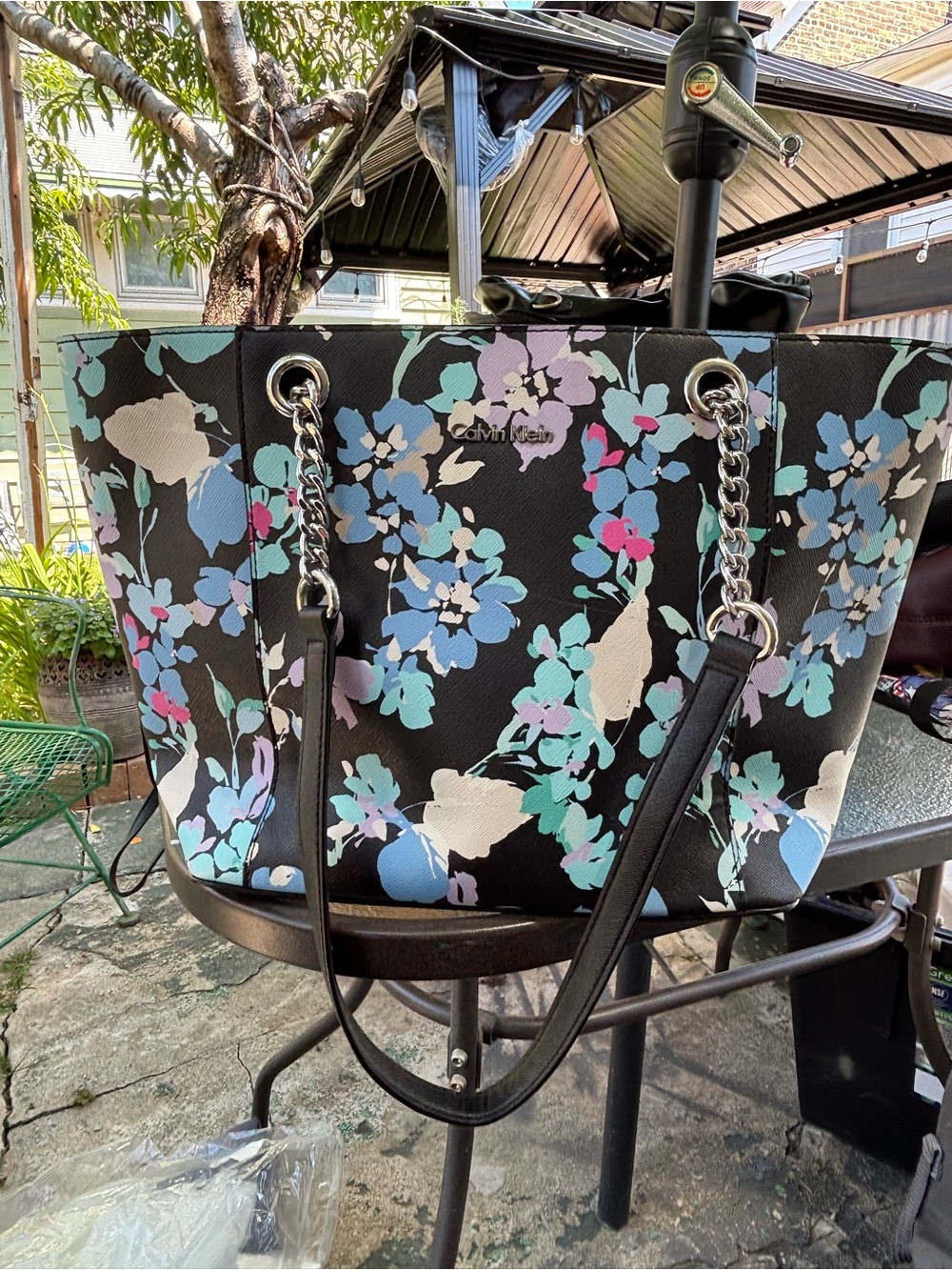 Calvin Klein Black Floral Chain-Handle Tote